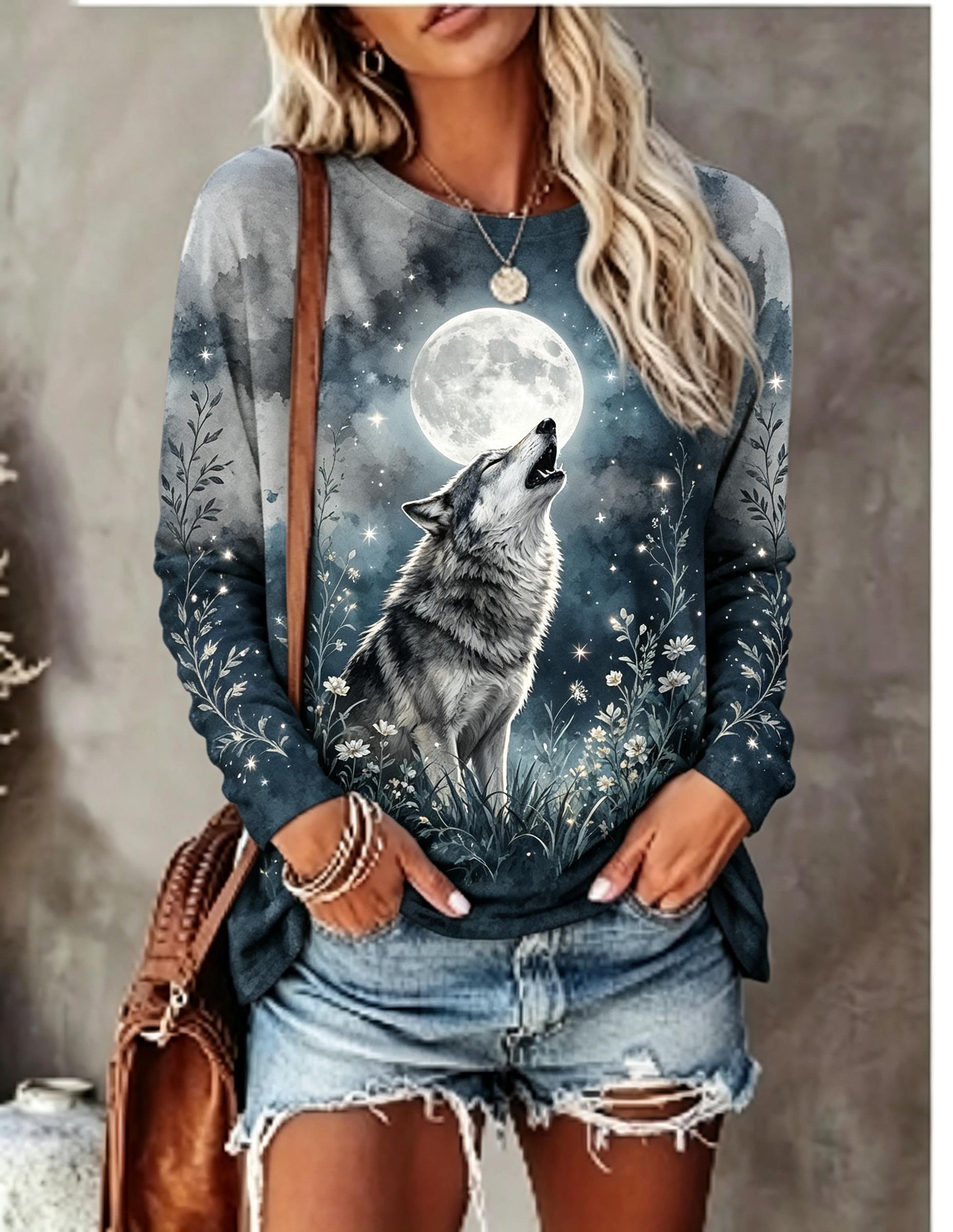 Winter Clothing For Women - 여성용 긴팔 티셔츠, 짖는 늑대, 보름달,
